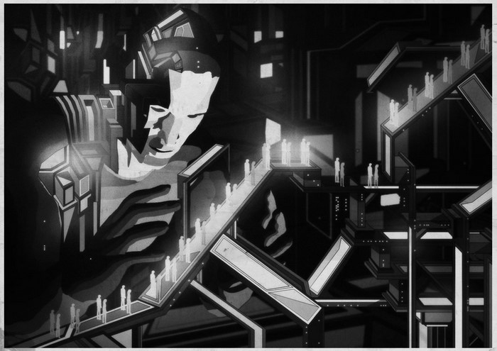 Monochrome futuristic illustration with people on escalators