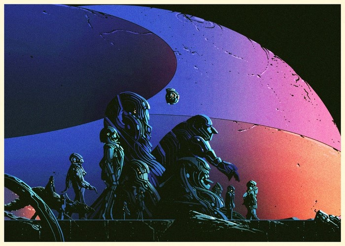 Science fiction illustration of figures and a ringed planet