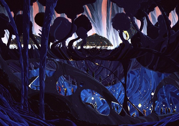 Science fiction scene with alien structures and figures