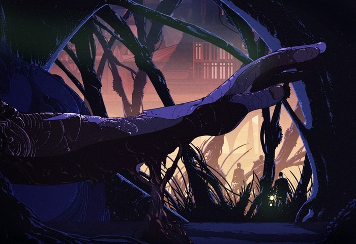Illustration of a dark fantasy forest with figures