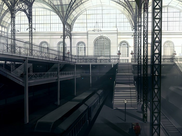 Artwork of a grand, symmetrical train station interior