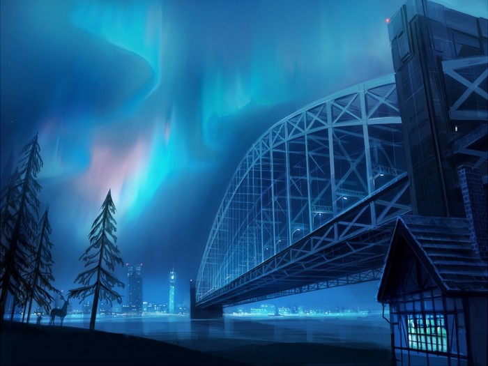 Bridge under Aurora Borealis with Cityscape and Deer