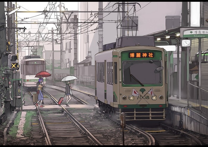 Tram at a Quiet Train Station with Passengers