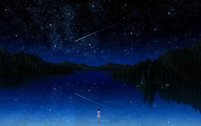 Girl watching shooting stars over a lake at night