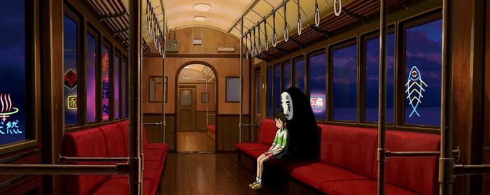 Chihiro and No-Face on a train from Spirited Away