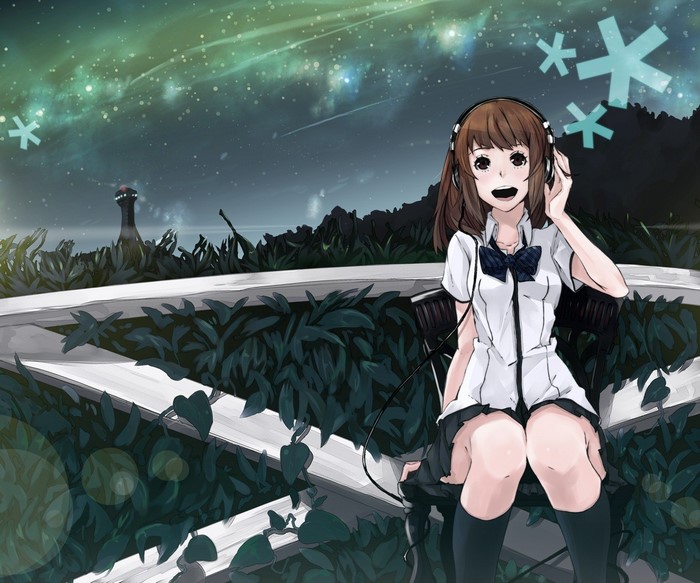 Anime girl with headphones listening to music at night