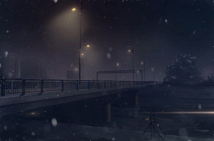 Snowy night over a bridge with streetlights