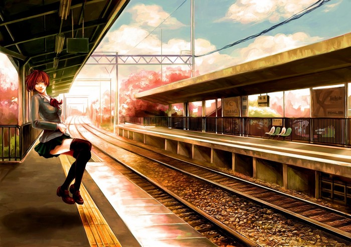 Anime girl sitting on a train station platform