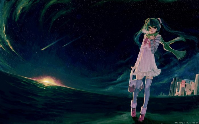 Hatsune Miku in a starry night sky with meteors