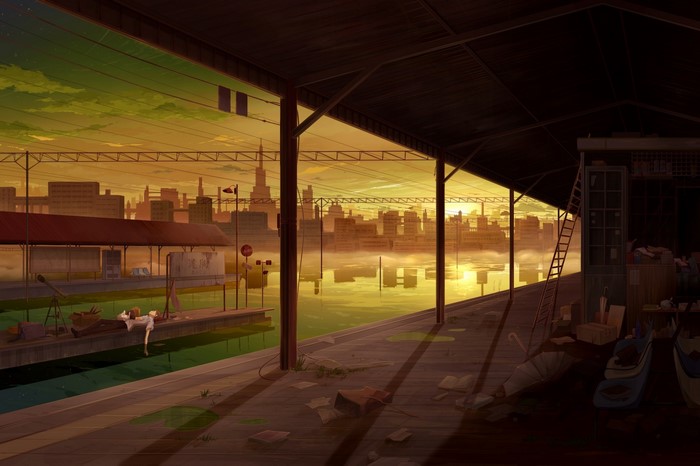 Anime scene of a city skyline at sunset with a pier