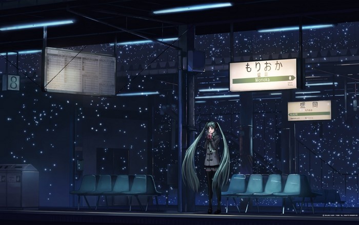 Hatsune Miku at a train station at night