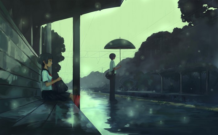 Anime students at a bus station in the rain