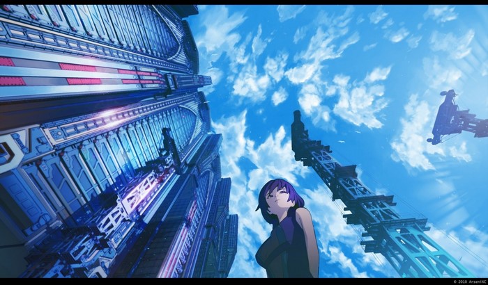 Anime girl looking up at futuristic city and sky