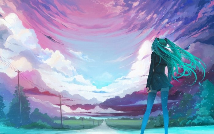 Anime girl with teal hair in a black dress