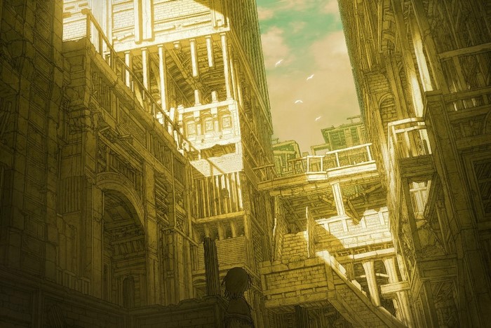 Anime cityscape with ancient architecture and birds flying