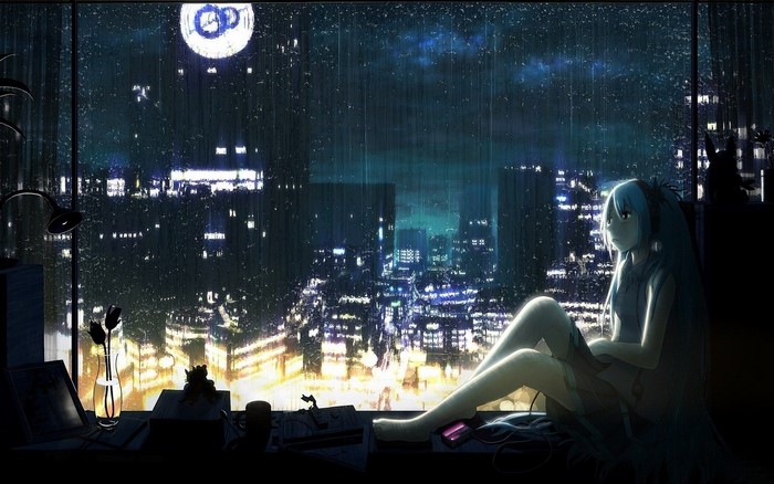 Hatsune Miku looking out a rainy window at a city at night