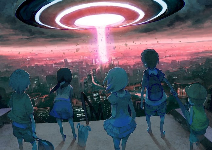 Children watch a UFO beam over a city