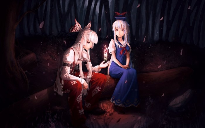 Fujiwara no Mokou from Touhou in a dark forest