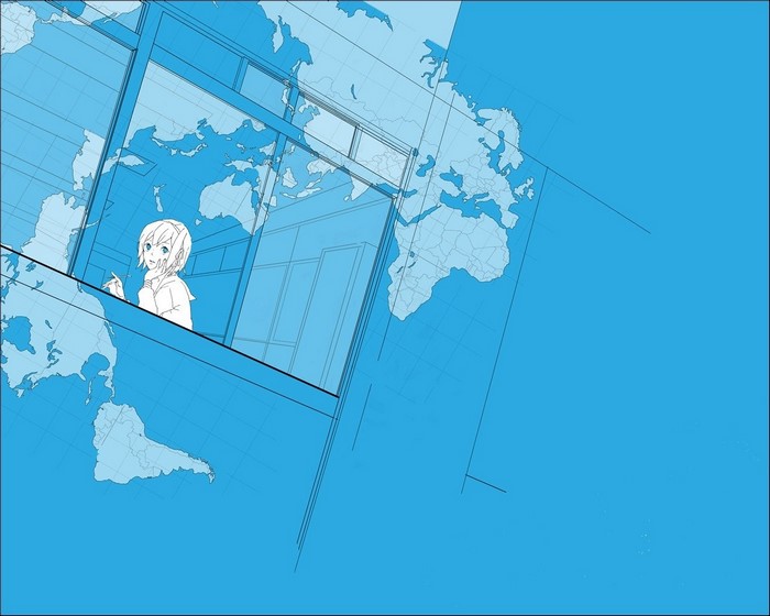 Anime girl looking out window at world map