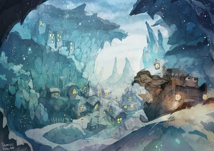 Girl in a vehicle in a fantasy village