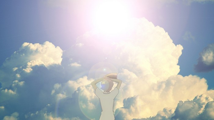 Anime girl looking up at the sun and clouds