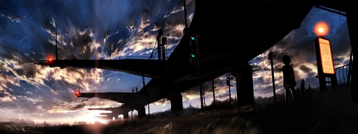 Anime bridge at night with a person and a sign