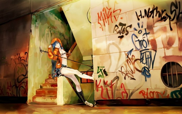 Anime girl with blue hair and orange hoodie in graffiti alley