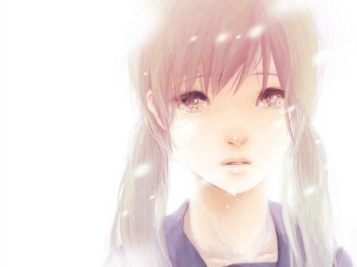 Anime girl with pigtails crying in snow