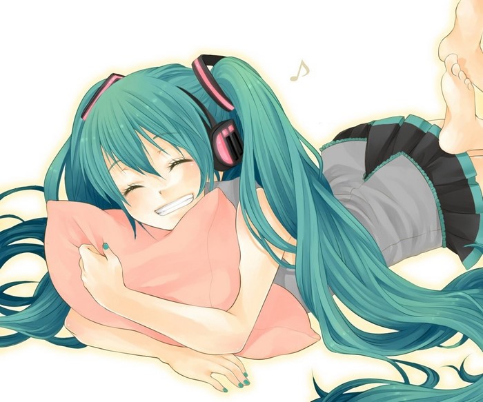 Anime girl with headphones hugging a pillow