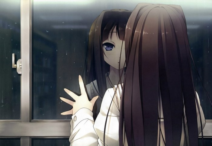 Anime girl looking in the mirror on a rainy day