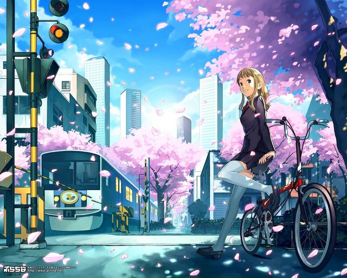Anime girl with bicycle near train tracks during cherry blossom season