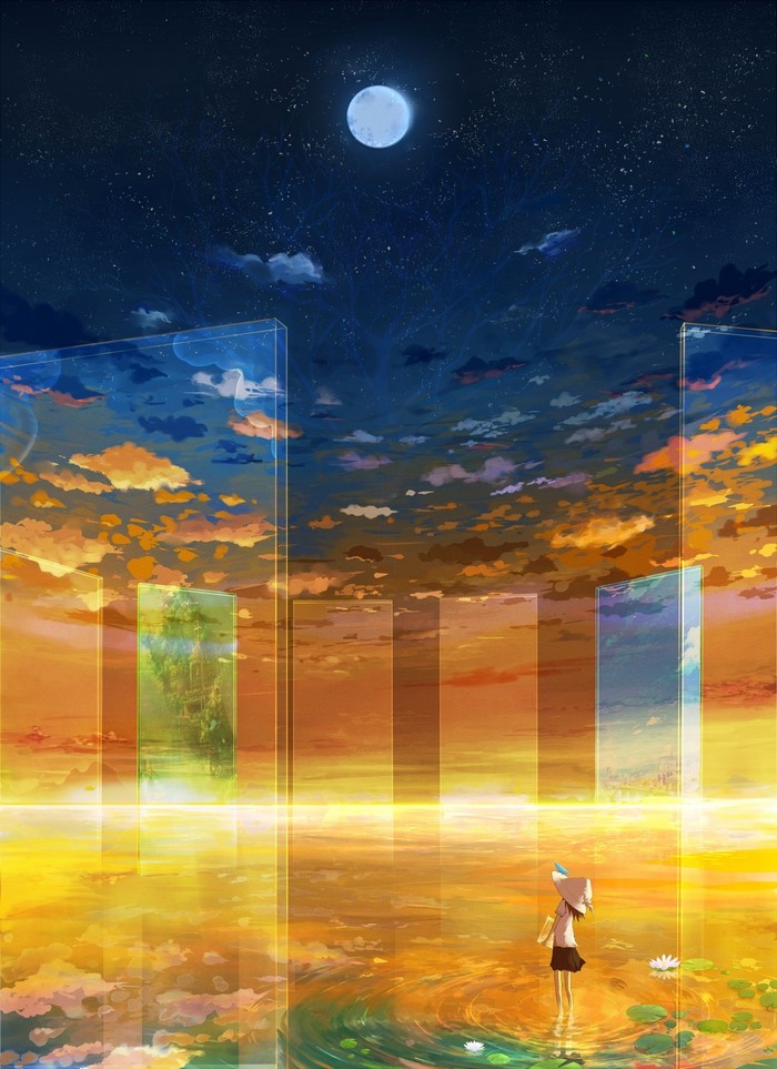 Anime girl in a surreal landscape with a moonlit sky