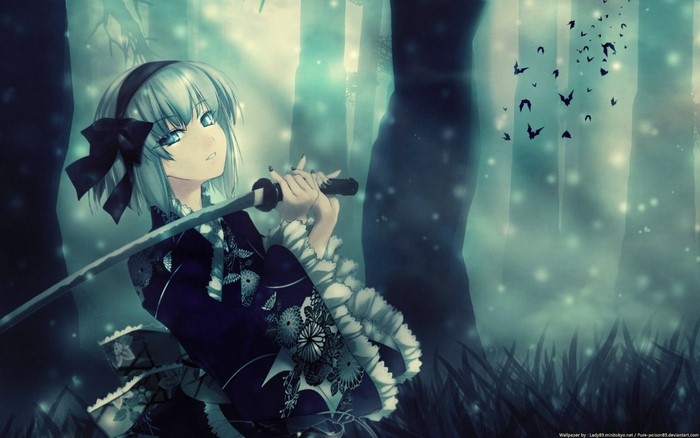 Anime girl with sword in dark forest