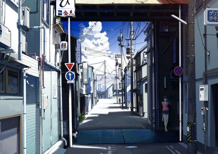 Anime street scene with a girl and power lines