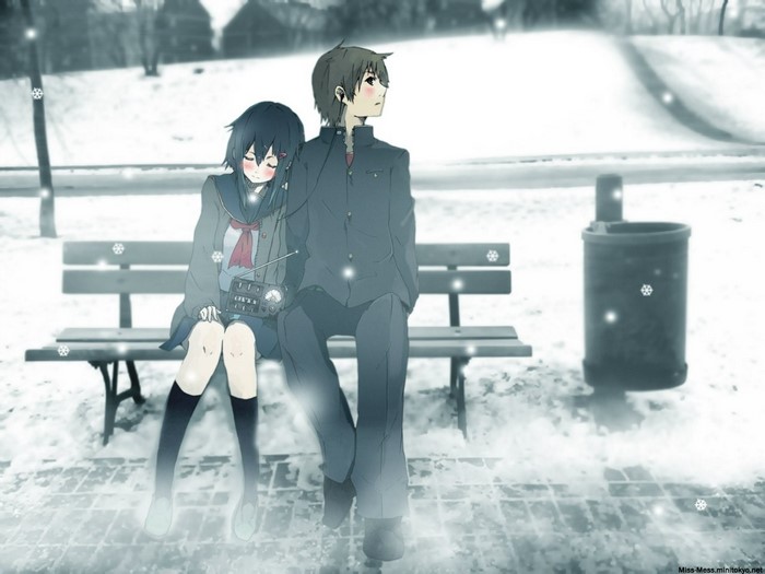 Anime couple sitting on a bench in the snow