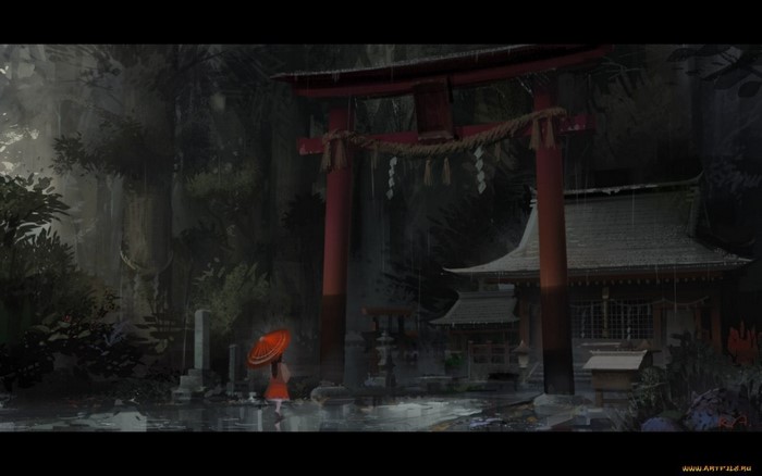 Hakurei Reimu from Touhou in a rainy shrine