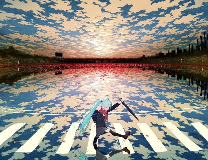 Hatsune Miku crossing a flooded street with an umbrella