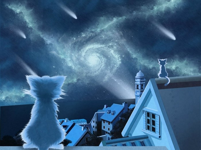 Two cats watch comets and a galaxy from rooftops