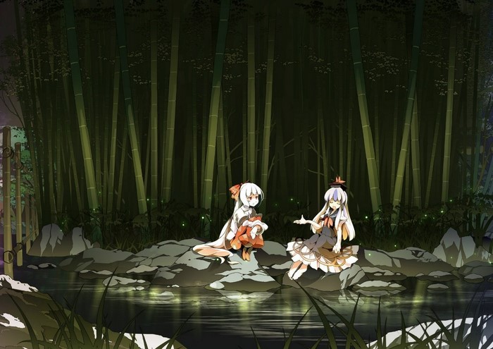 Fujiwara no Mokou and Kamishirasawa Keine from Touhou in a bamboo forest