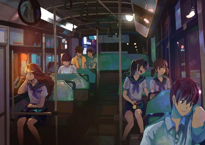 Anime characters on a bus at night