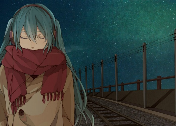 Hatsune Miku by a Train Track at Night