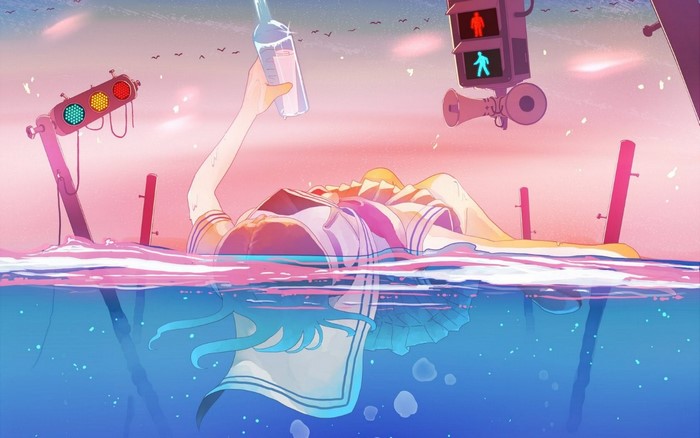 Girl in sailor uniform with bottle in water