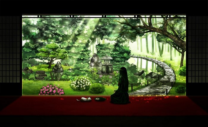 Anime garden with person meditating and cat