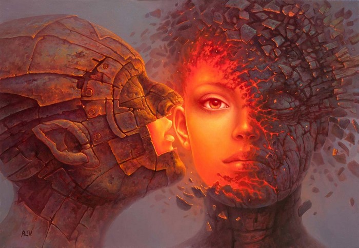 Surreal painting of a stone head whispering to a woman