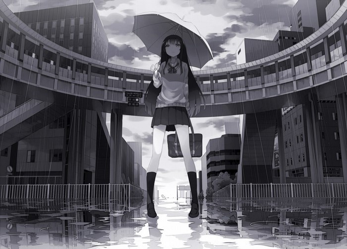 Anime girl with umbrella in rainy city