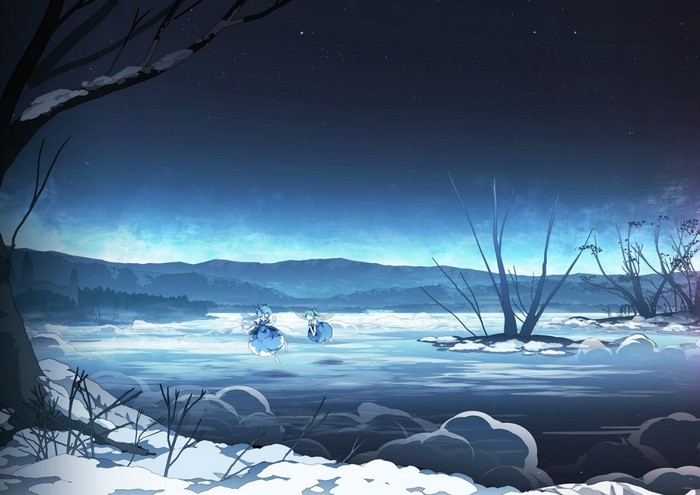 Cirno from Touhou on a frozen lake at night