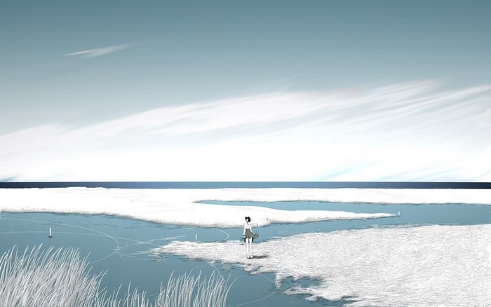 Anime girl on ice with boats and ocean horizon