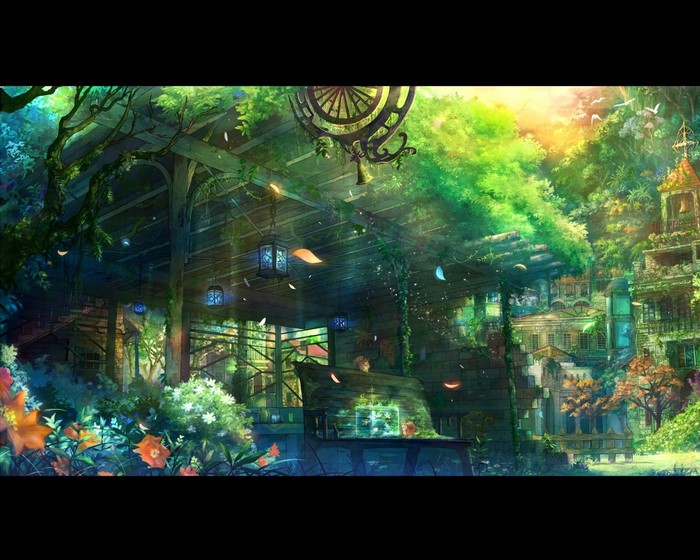 Fantasy jungle with overgrown buildings and lanterns