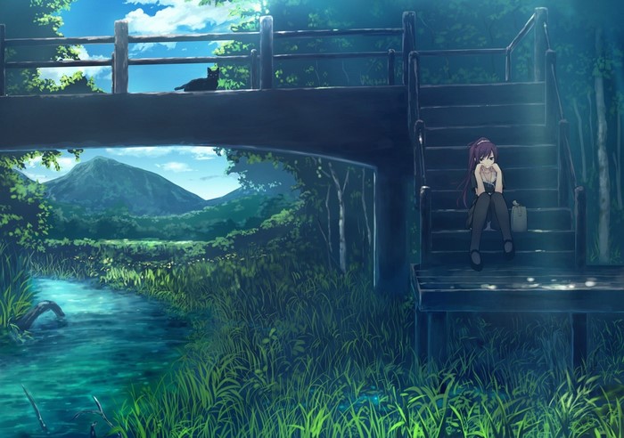 Girl sitting on stairs by a bridge with a cat