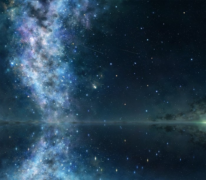Galaxy and stars reflected in water